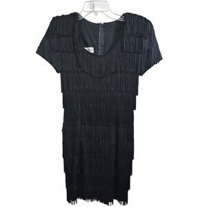 Roberta Black Fringe Tiered Short Sleeve Mini Dress Womens Flapper Style Gatsby